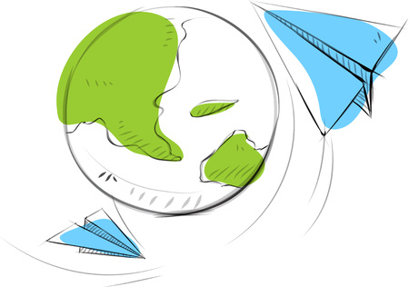 Business sketches of earth with paper airplaneのイラスト素材