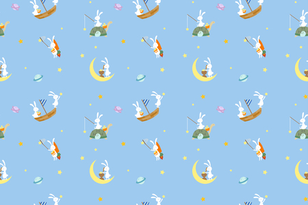 Moon rabbit getting stars with turtles pattern at universeのイラスト素材