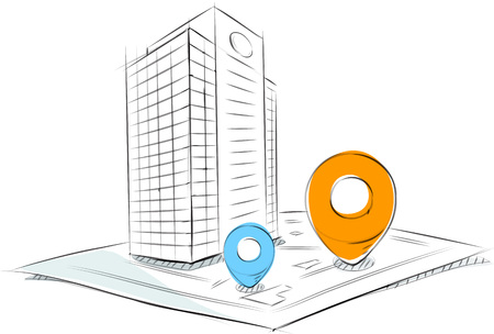 Business sketches of 3D building on blueprintのイラスト素材