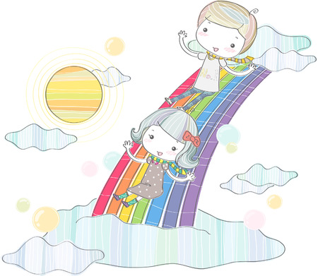 Boy and girl sliding on the rainbowのイラスト素材