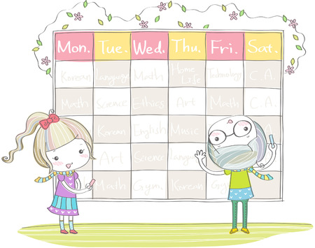 Boy and girl with class scheduleのイラスト素材