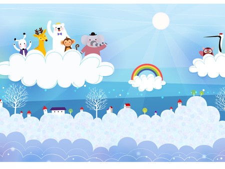 Animals riding on cloud on sky backgroundのイラスト素材