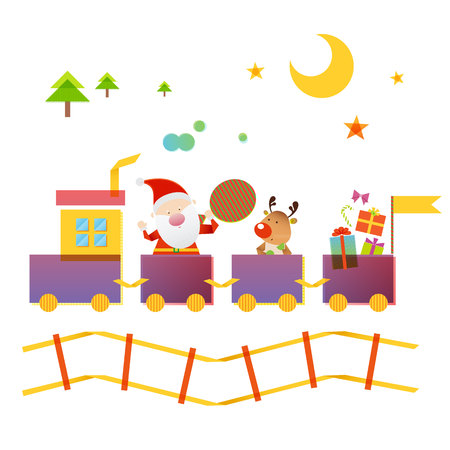 Santa Claus and Reindeer riding on trainのイラスト素材
