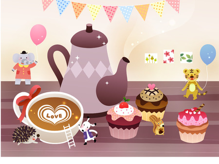 Animals drinking coffee with muffinのイラスト素材