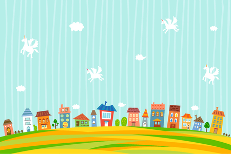 Town scenery with unicornのイラスト素材