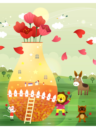 Animals with flower and vaseのイラスト素材