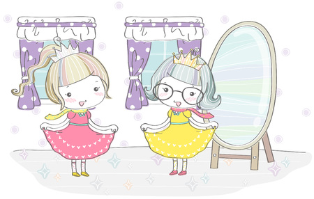 Two girls in dress looking happyのイラスト素材