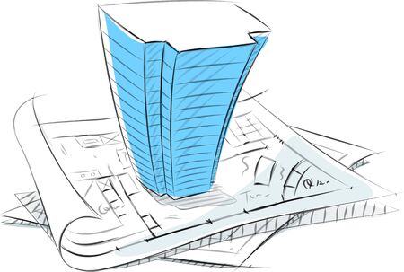 Business sketches of 3D building on blueprintのイラスト素材