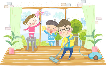 Happy family cleaning houseのイラスト素材