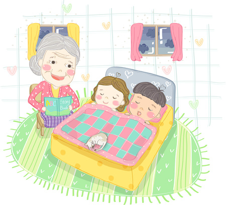 Grandmother reading book to child at nightのイラスト素材