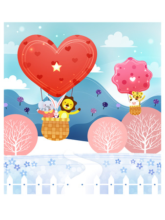 Animals riding on hot-air balloonのイラスト素材