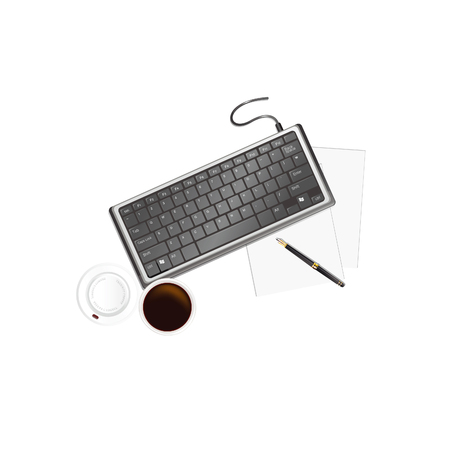 Keyboard, coffee, paper and pen - isolated on whiteのイラスト素材