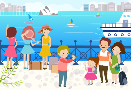 Happy people on tourist attractionのイラスト素材