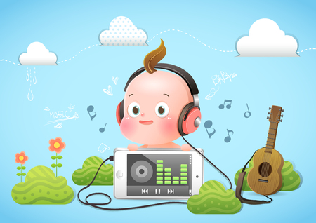 Cute baby listening to music on a smartphoneのイラスト素材