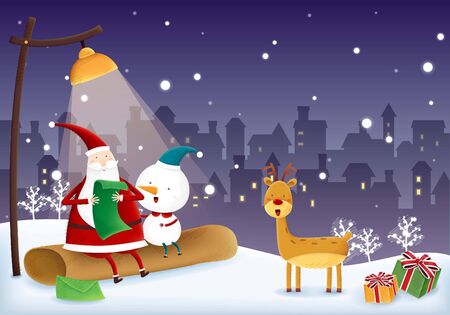 Happy Christmas with Santa and deerのイラスト素材