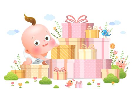 Cute baby with gift boxes fairytaleのイラスト素材