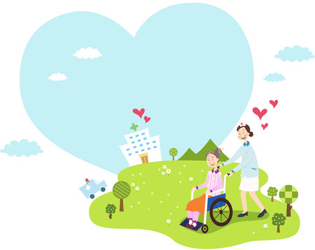 Nurse carrying old woman in wheelchairのイラスト素材