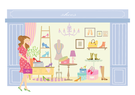 Woman looking in a shoe shop windowのイラスト素材