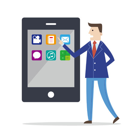 Businessman pointing at a smarphone with various application icons onのイラスト素材