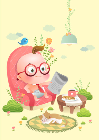 Cute baby reading newspaper fairytaleのイラスト素材