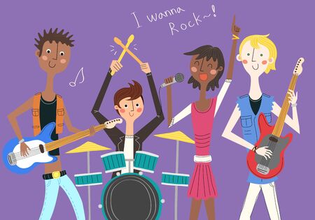 Happy group of friend playing music instrumentのイラスト素材