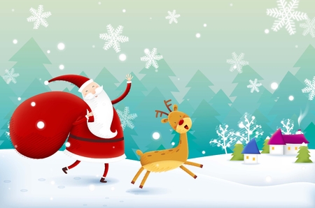 Happy Christmas with Santa and deerのイラスト素材