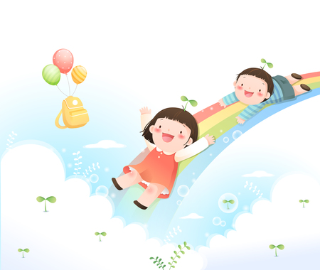 Cute children with rainbowのイラスト素材
