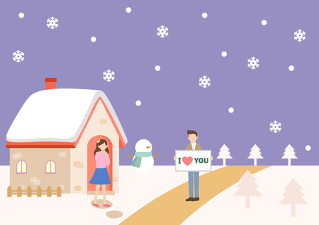 Romantic couple on snow dayのイラスト素材
