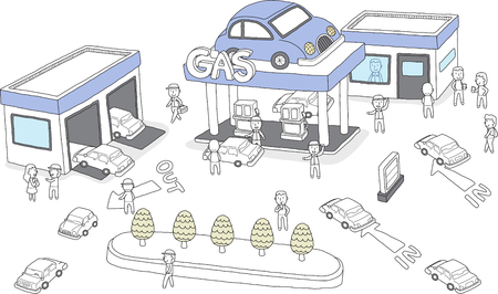 Gas station is crowded with peopleのイラスト素材