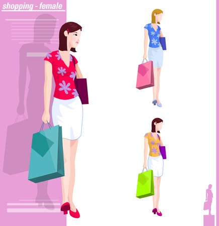 Various color of woman shoppingのイラスト素材