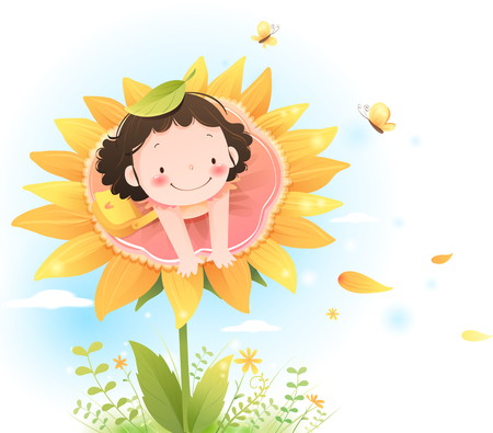 Cute girl on sunflowerのイラスト素材
