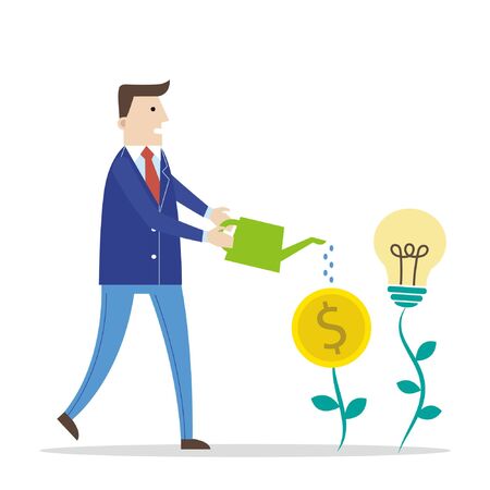 Businessman watering money and idea bulb treeのイラスト素材