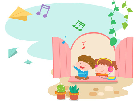 Children listening musicのイラスト素材
