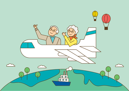 The aged couple riding airplaneのイラスト素材