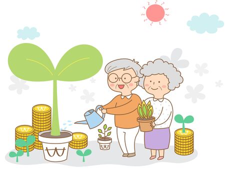 The aged couple gardeningのイラスト素材