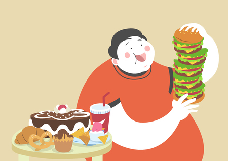 Overweight man eating junk foodのイラスト素材