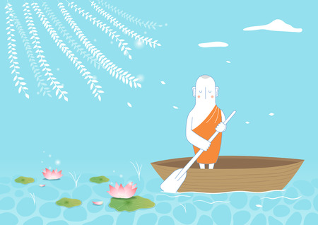 Buddhist riding boat on pondのイラスト素材