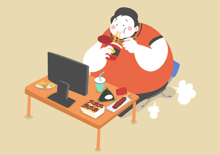 Overweight man eating junk foodのイラスト素材