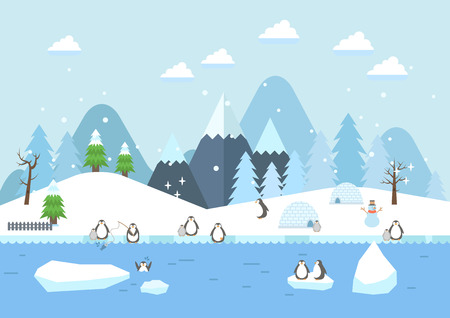 Winter river with penguins sceneryのイラスト素材