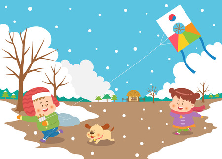 Children flying kite on winter vacationのイラスト素材