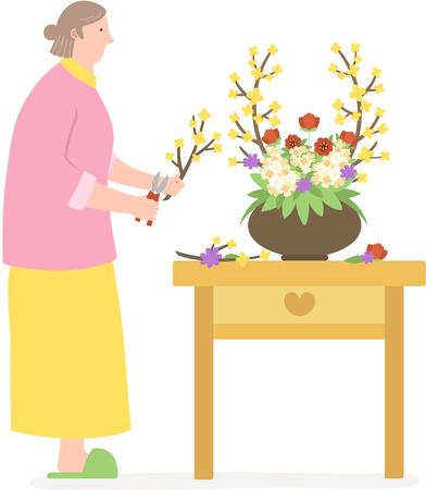 The aged woman arranging flowerのイラスト素材