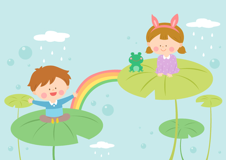 Children playing on lotus leavesのイラスト素材