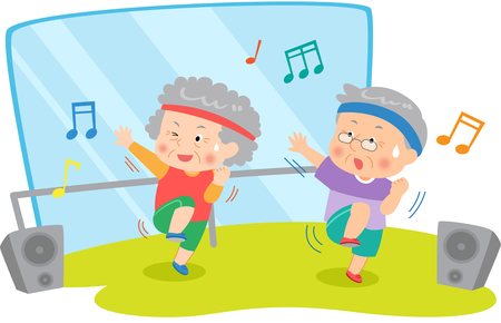 The aged couple practicing aerobics in a gymのイラスト素材