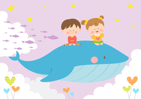 Children riding on whaleのイラスト素材
