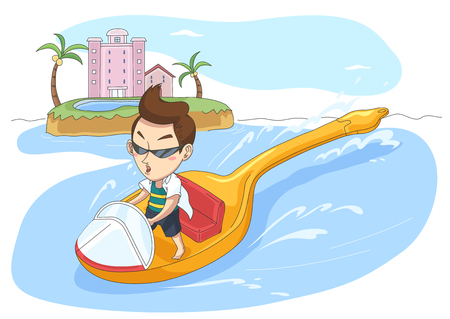 The rich riding gold spoon boat, vector illustration.のイラスト素材