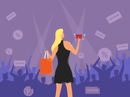 Rear view of beautiful woman shopping, vector illustration.のイラスト素材