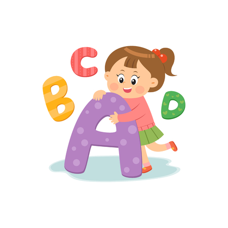 Cute girl studying alphabet, vector illustration.のイラスト素材