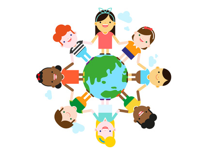 Global children holding hand on earth, vector illustration.のイラスト素材