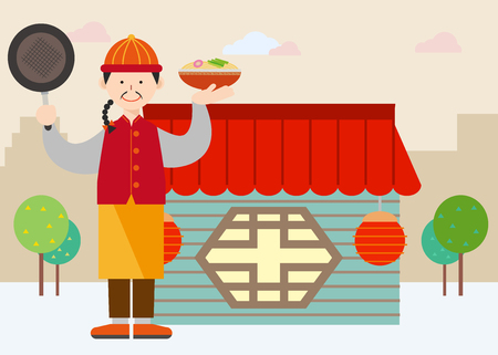 Chef posing in front of Chinese restaurant, vector illustration.のイラスト素材