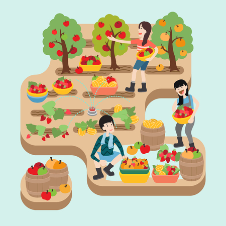 People working at fruit farm, vector illustration.のイラスト素材